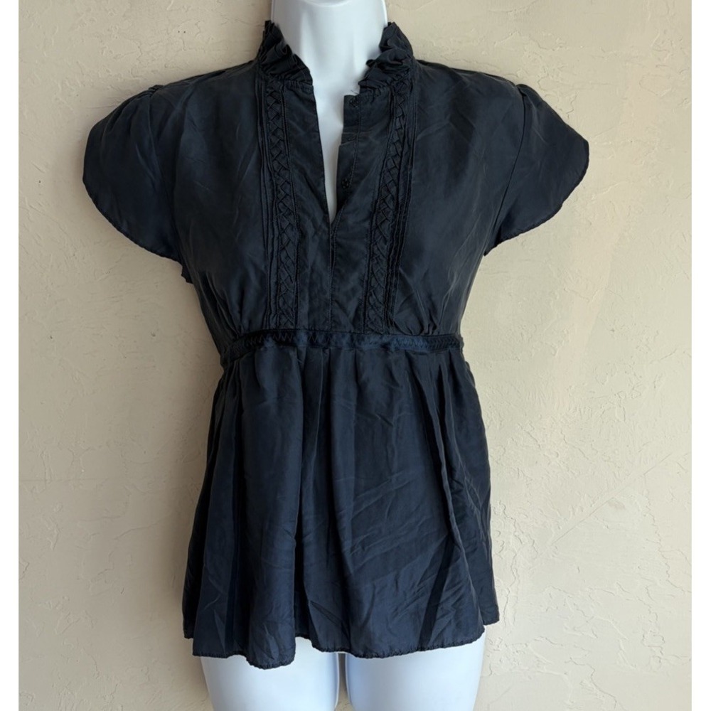 Vintage Y2K Eduardo Blanco 100% Silk Navy Blue Babydoll Top M Fairy Cottagecore